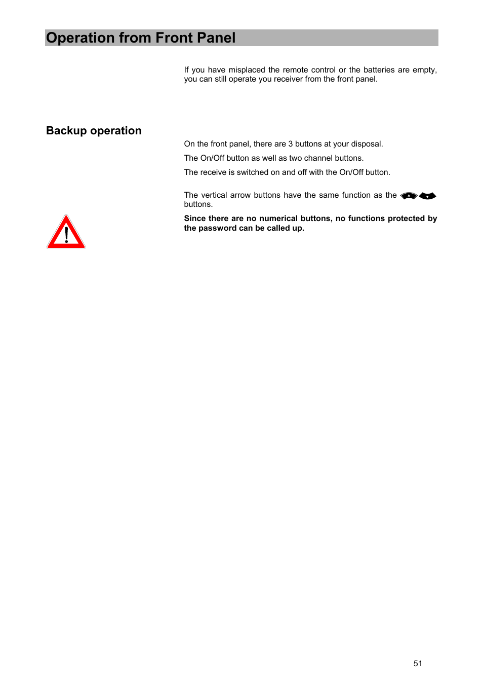 Operation from front panel, Backup operation | Kathrein UFD 540 User Manual | Page 51 / 80