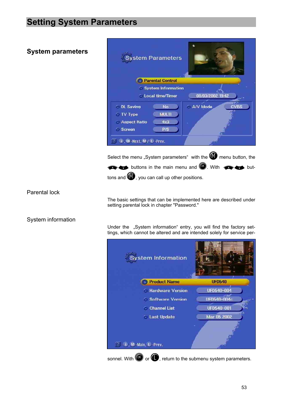 Setting system parameters | Kathrein UFD 540 User Manual | Page 53 / 80
