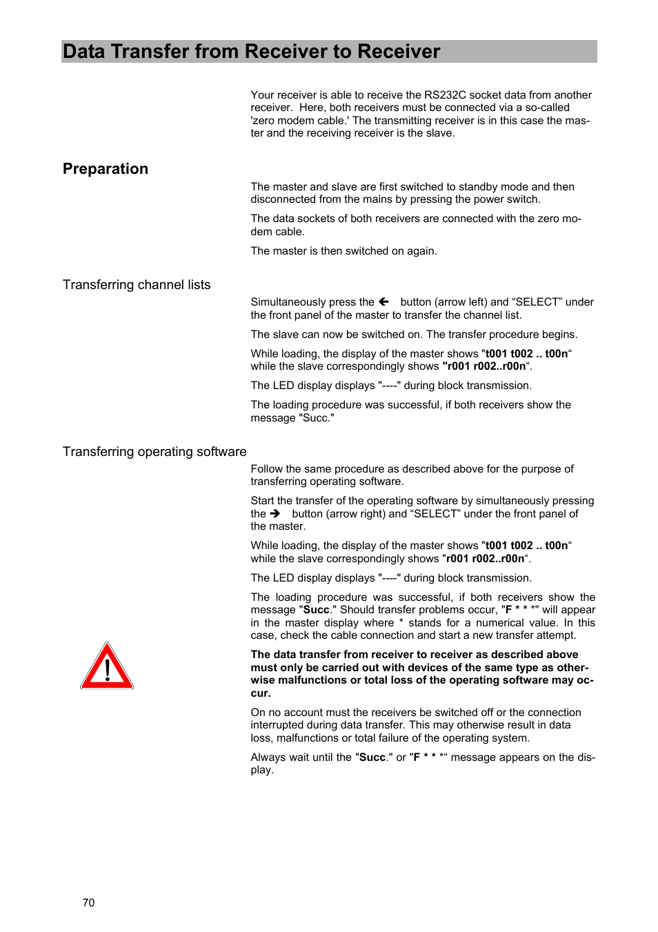 Data transfer from receiver to receiver, Preparation | Kathrein UFD 540 User Manual | Page 70 / 80