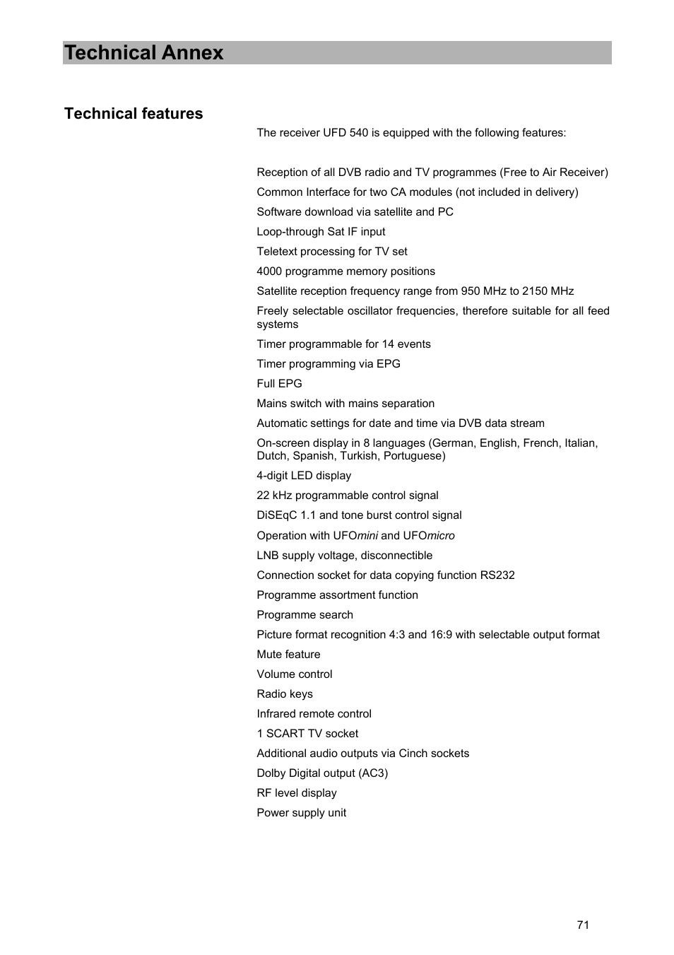 Technical annex, Technical features | Kathrein UFD 540 User Manual | Page 71 / 80