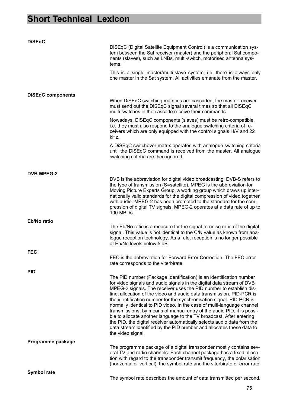 Short technical lexicon | Kathrein UFD 540 User Manual | Page 75 / 80