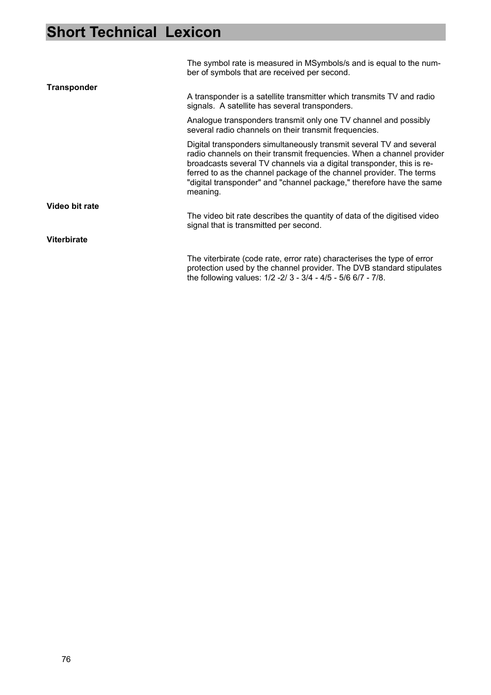 Short technical lexicon | Kathrein UFD 540 User Manual | Page 76 / 80