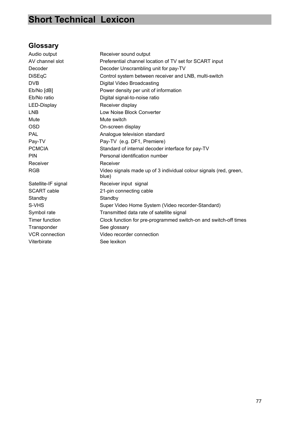 Short technical lexicon, Glossary | Kathrein UFD 540 User Manual | Page 77 / 80