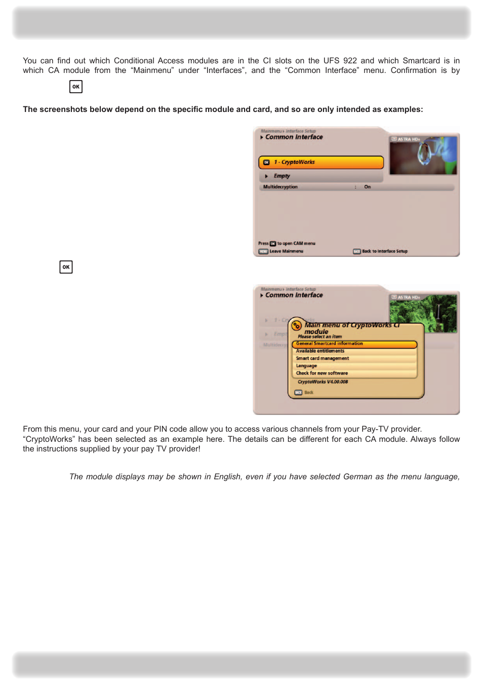 Main menu - interfaces (ci, hard disk and network) | Kathrein UFS 922 si User Manual | Page 129 / 184