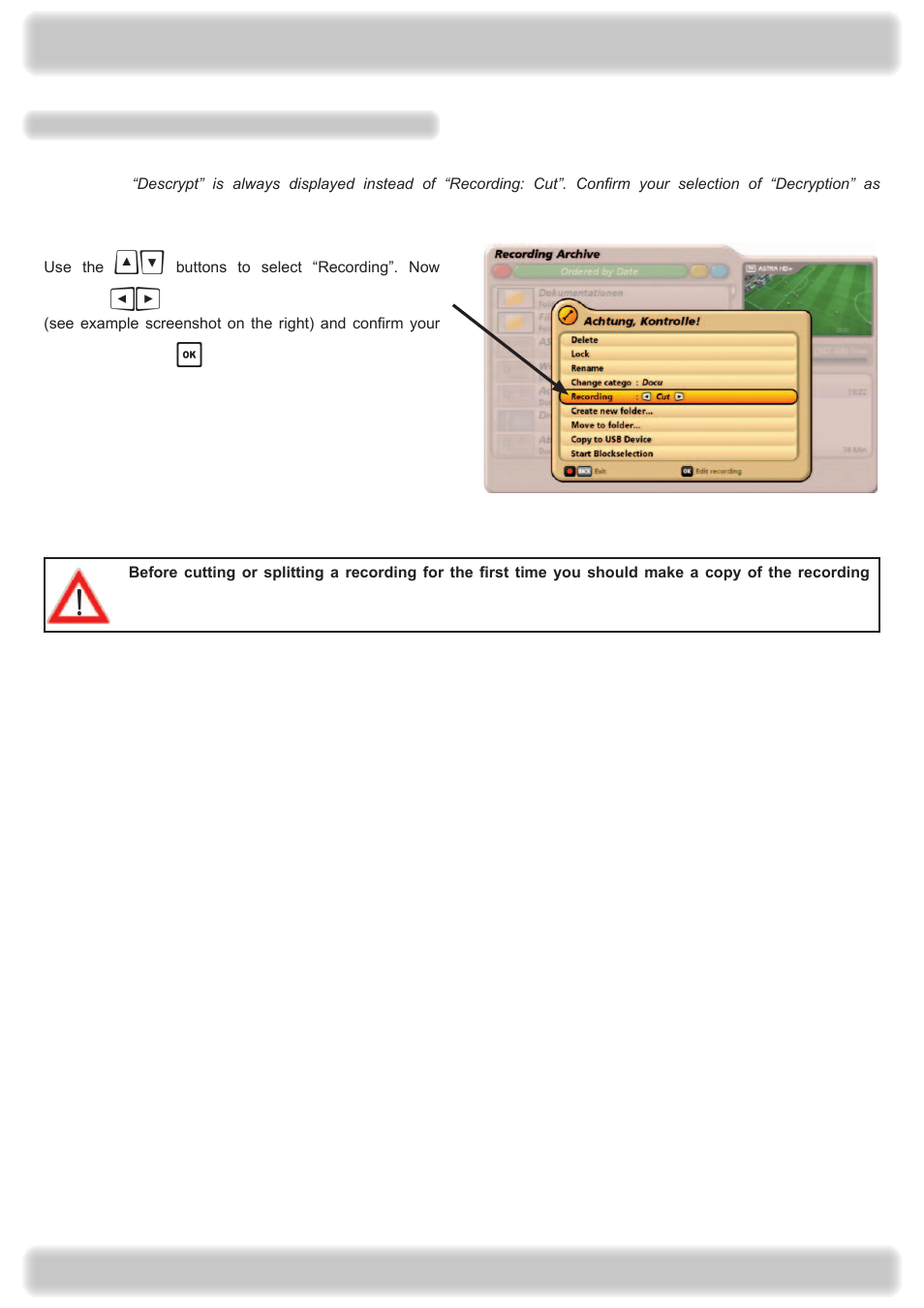 Recording archive (play back/edit recordings) | Kathrein UFS 922 si User Manual | Page 90 / 184