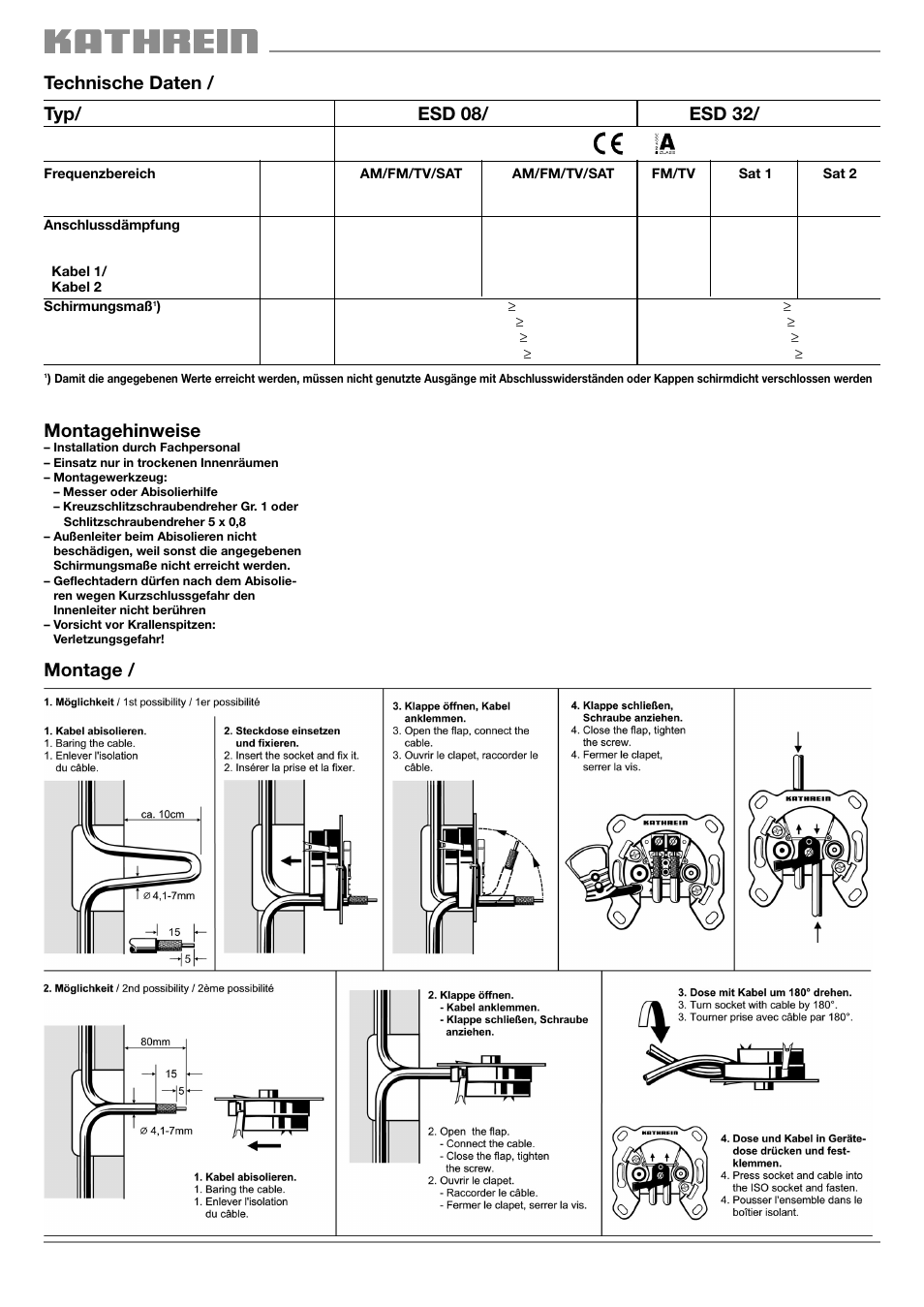 Installation, Conseils de montage, Montage / mounting / montage | Kathrein ESD 08 User Manual | Page 2 / 2