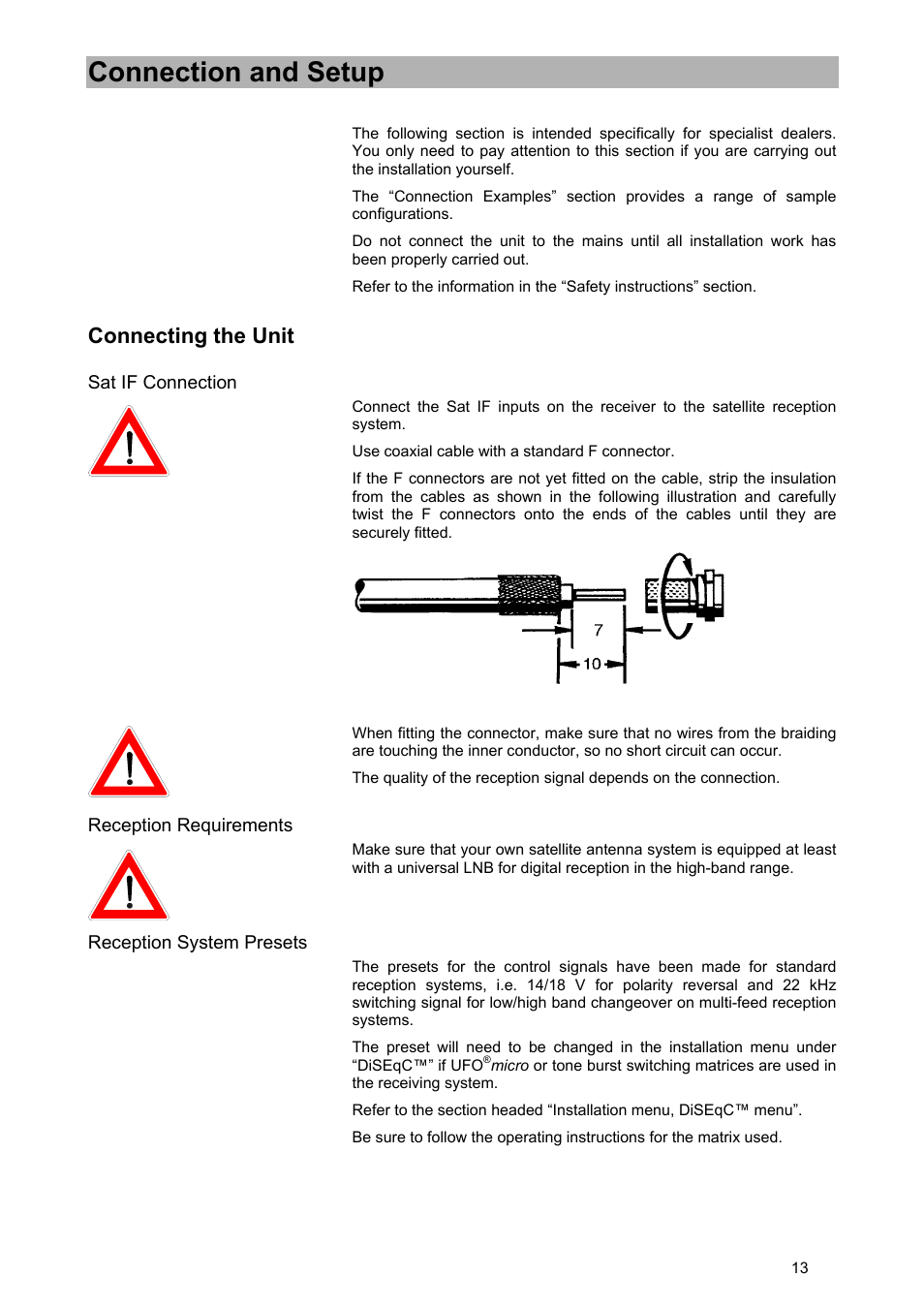 Connection and setup, Connecting the unit | Kathrein UFD 580 User Manual | Page 13 / 100
