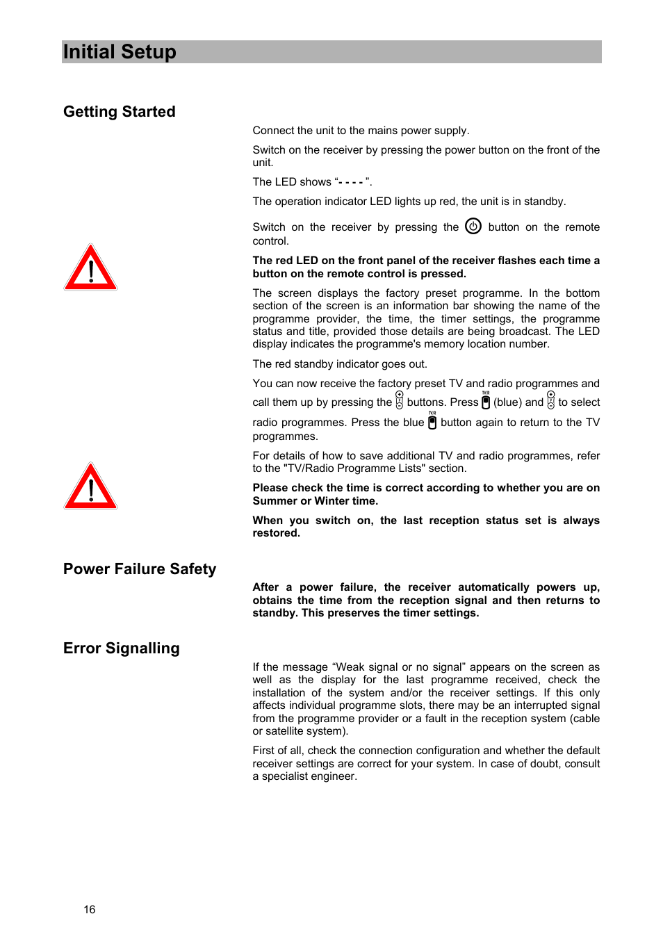 Initial setup, Getting started, Power failure safety | Error signalling | Kathrein UFD 580 User Manual | Page 16 / 100