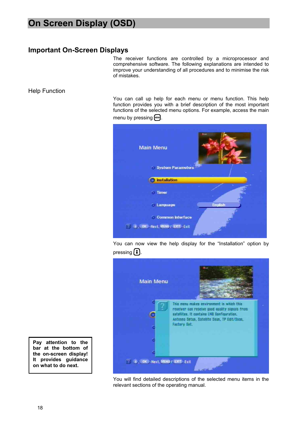 On screen display (osd), Important on-screen displays | Kathrein UFD 580 User Manual | Page 18 / 100