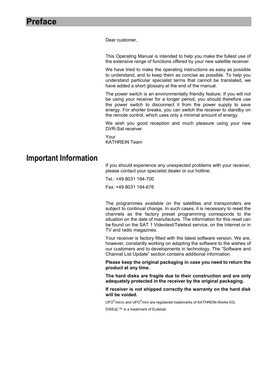 Preface, Important information | Kathrein UFD 580 User Manual | Page 2 / 100