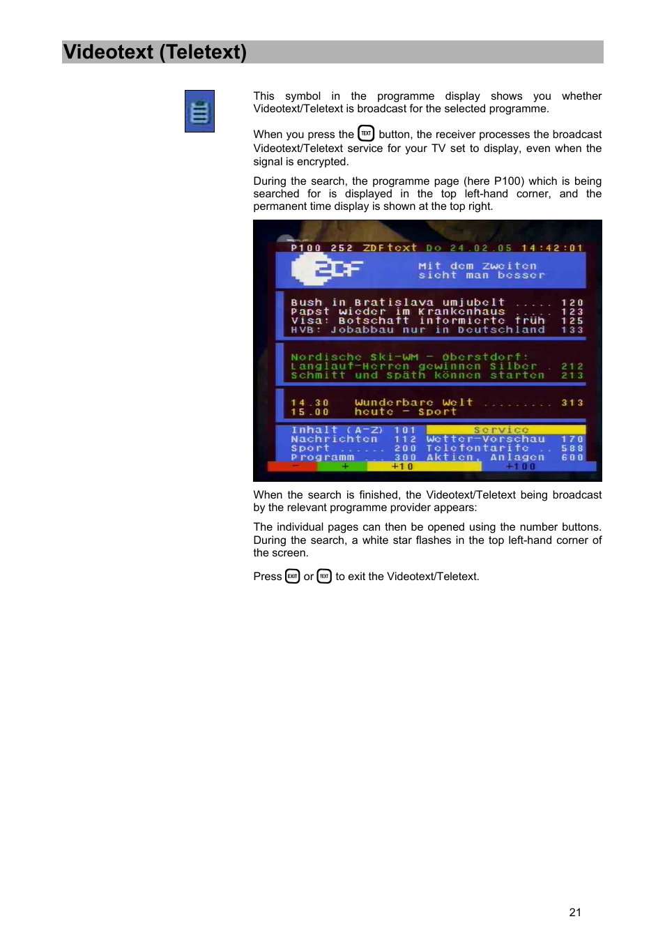 Videotext (teletext) | Kathrein UFD 580 User Manual | Page 21 / 100