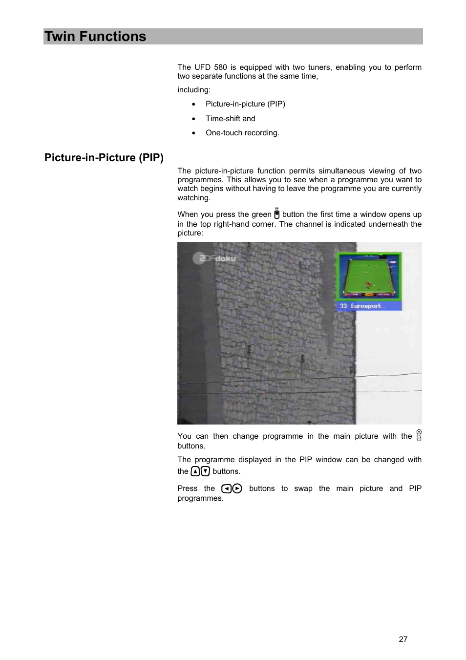 Twin functions, Picture-in-picture (pip) | Kathrein UFD 580 User Manual | Page 27 / 100