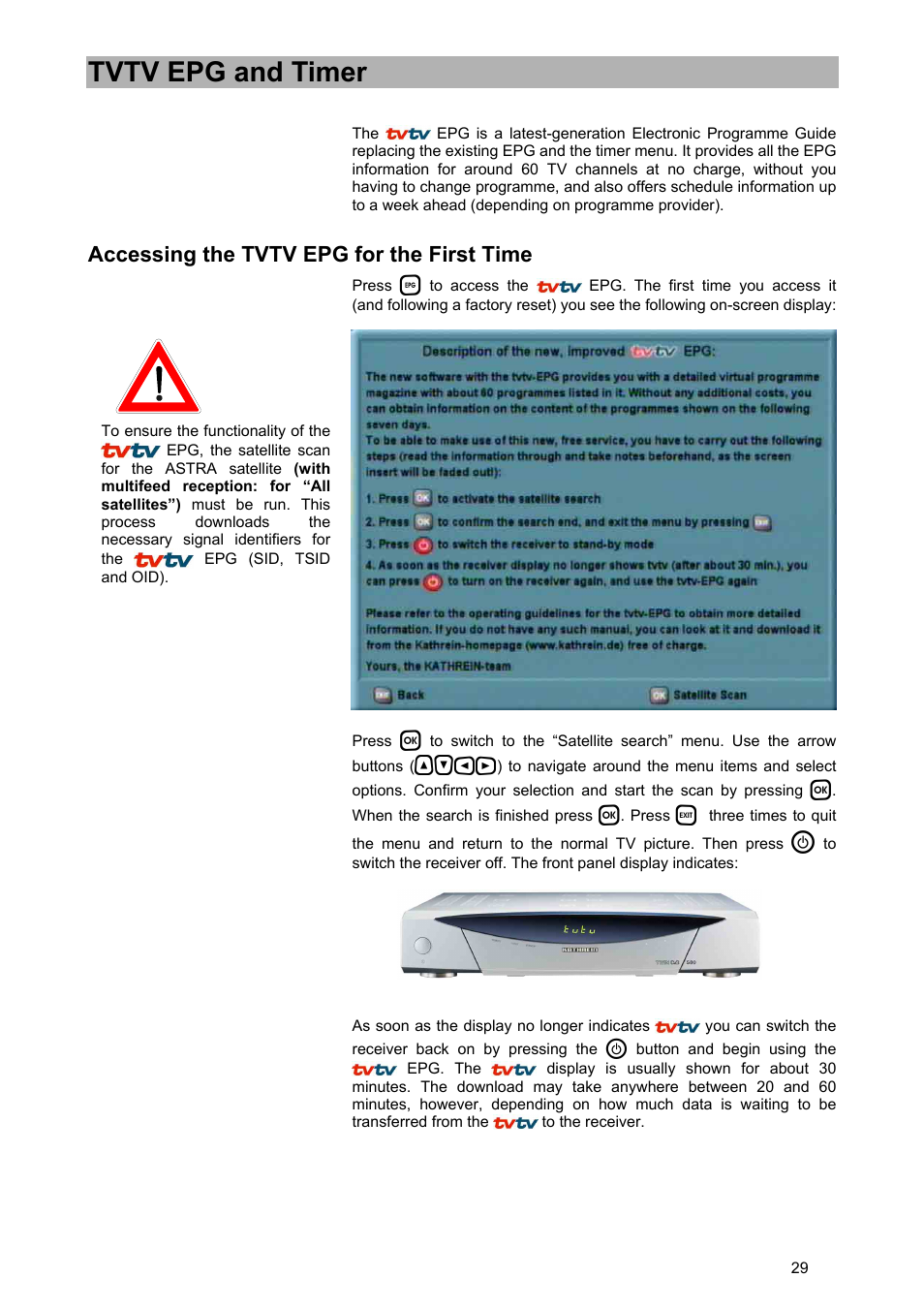 Tvtv epg and timer, Accessing the tvtv epg for the first time | Kathrein UFD 580 User Manual | Page 29 / 100