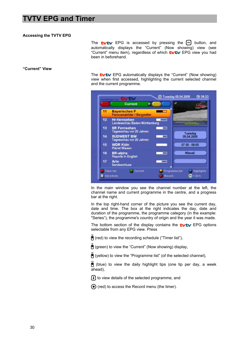 Tvtv epg and timer | Kathrein UFD 580 User Manual | Page 30 / 100
