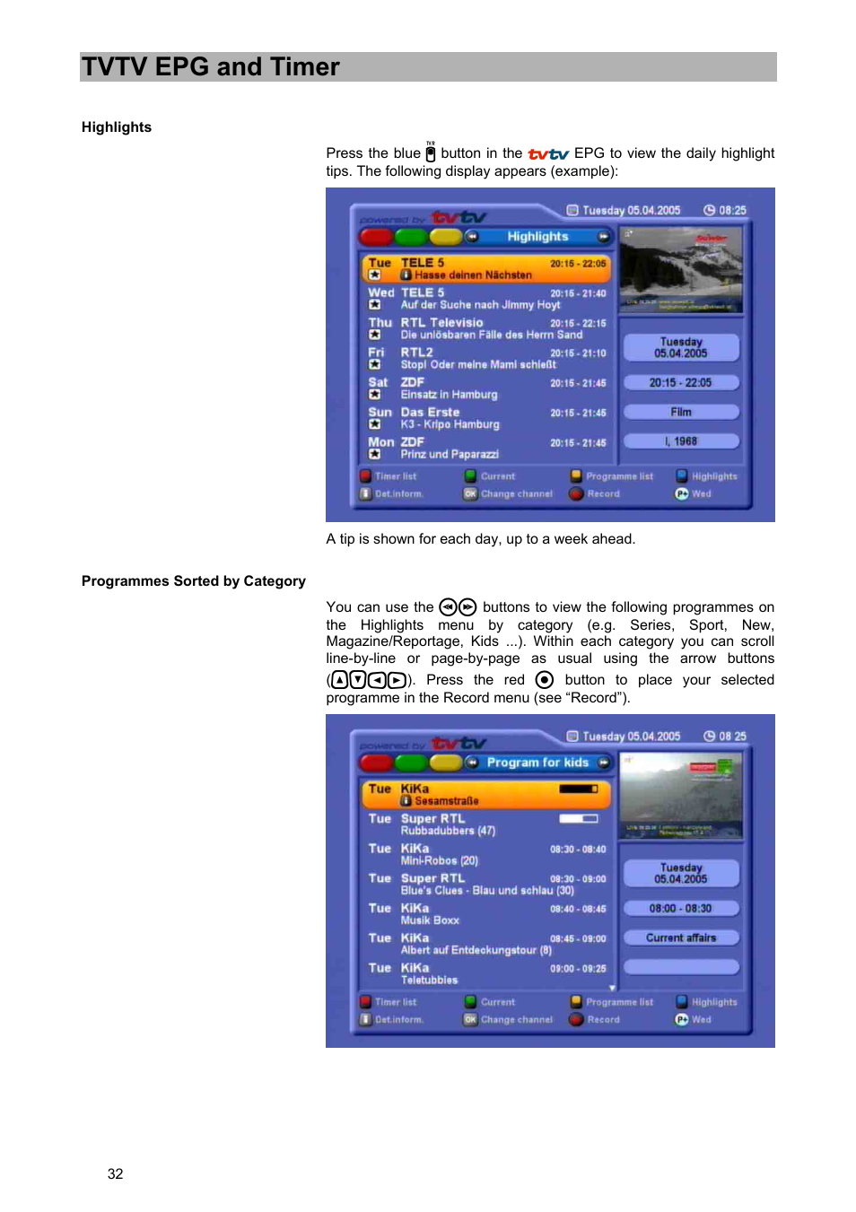 Tvtv epg and timer | Kathrein UFD 580 User Manual | Page 32 / 100