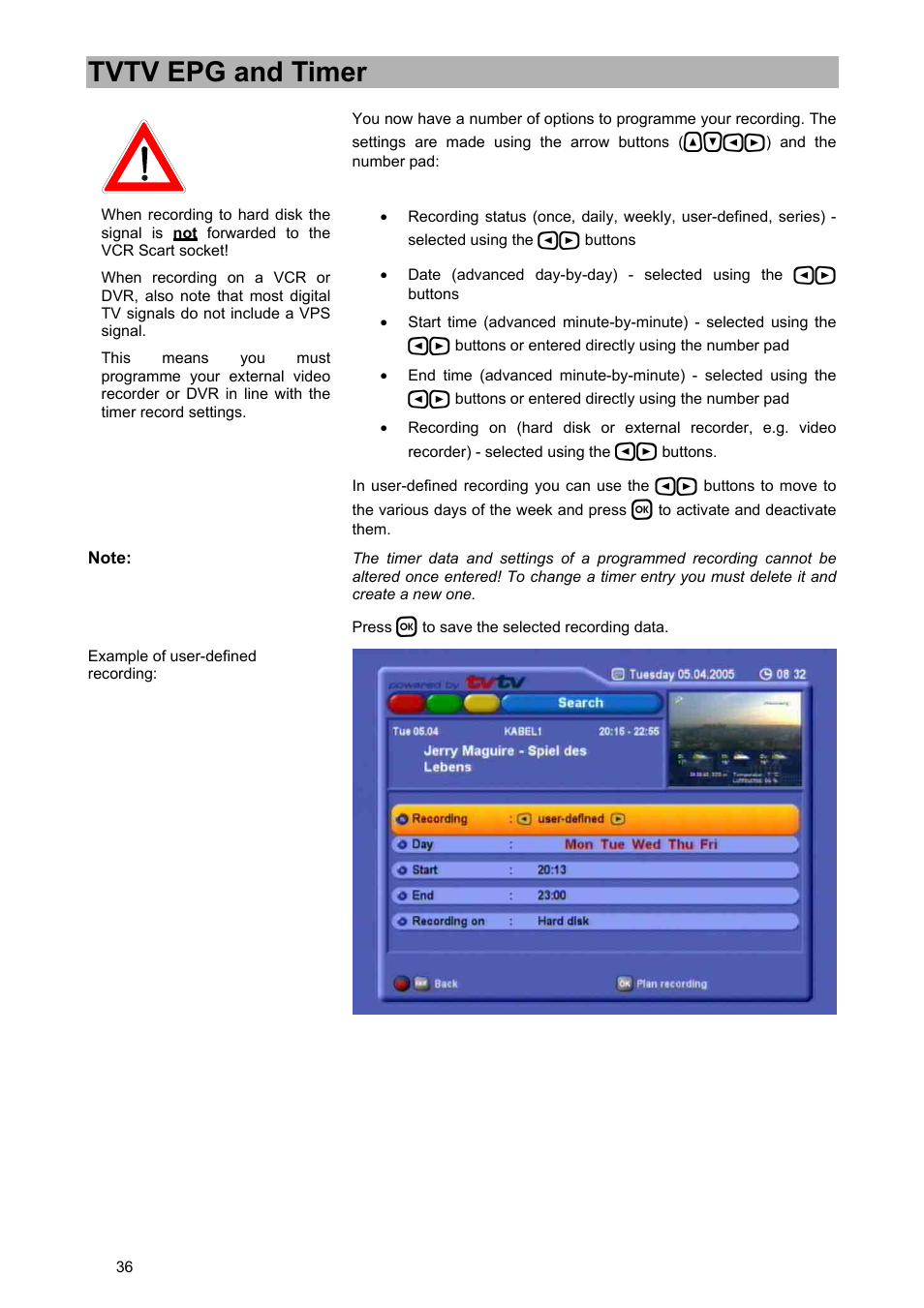 Tvtv epg and timer | Kathrein UFD 580 User Manual | Page 36 / 100