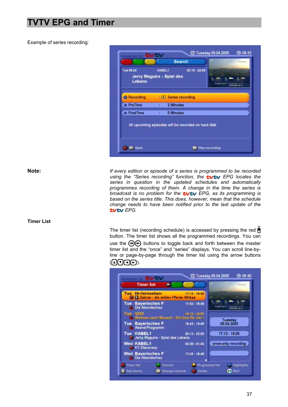 Tvtv epg and timer | Kathrein UFD 580 User Manual | Page 37 / 100