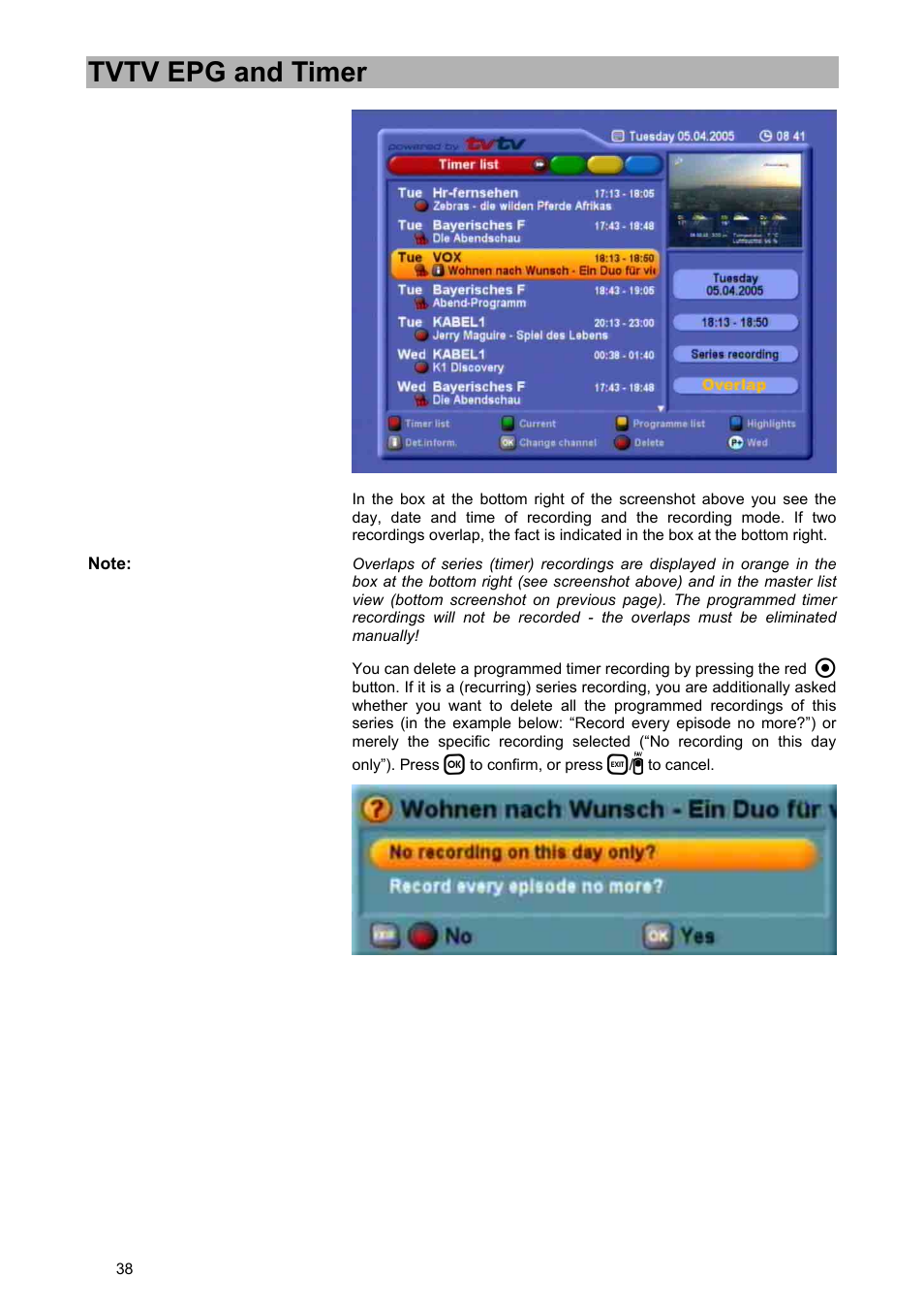 Tvtv epg and timer | Kathrein UFD 580 User Manual | Page 38 / 100