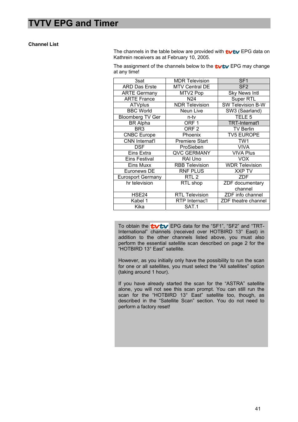 Tvtv epg and timer | Kathrein UFD 580 User Manual | Page 41 / 100