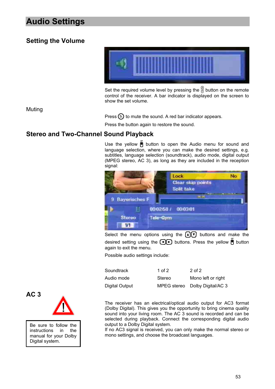 Audio settings, Setting the volume, Stereo and two-channel sound playback | Ac 3 | Kathrein UFD 580 User Manual | Page 53 / 100