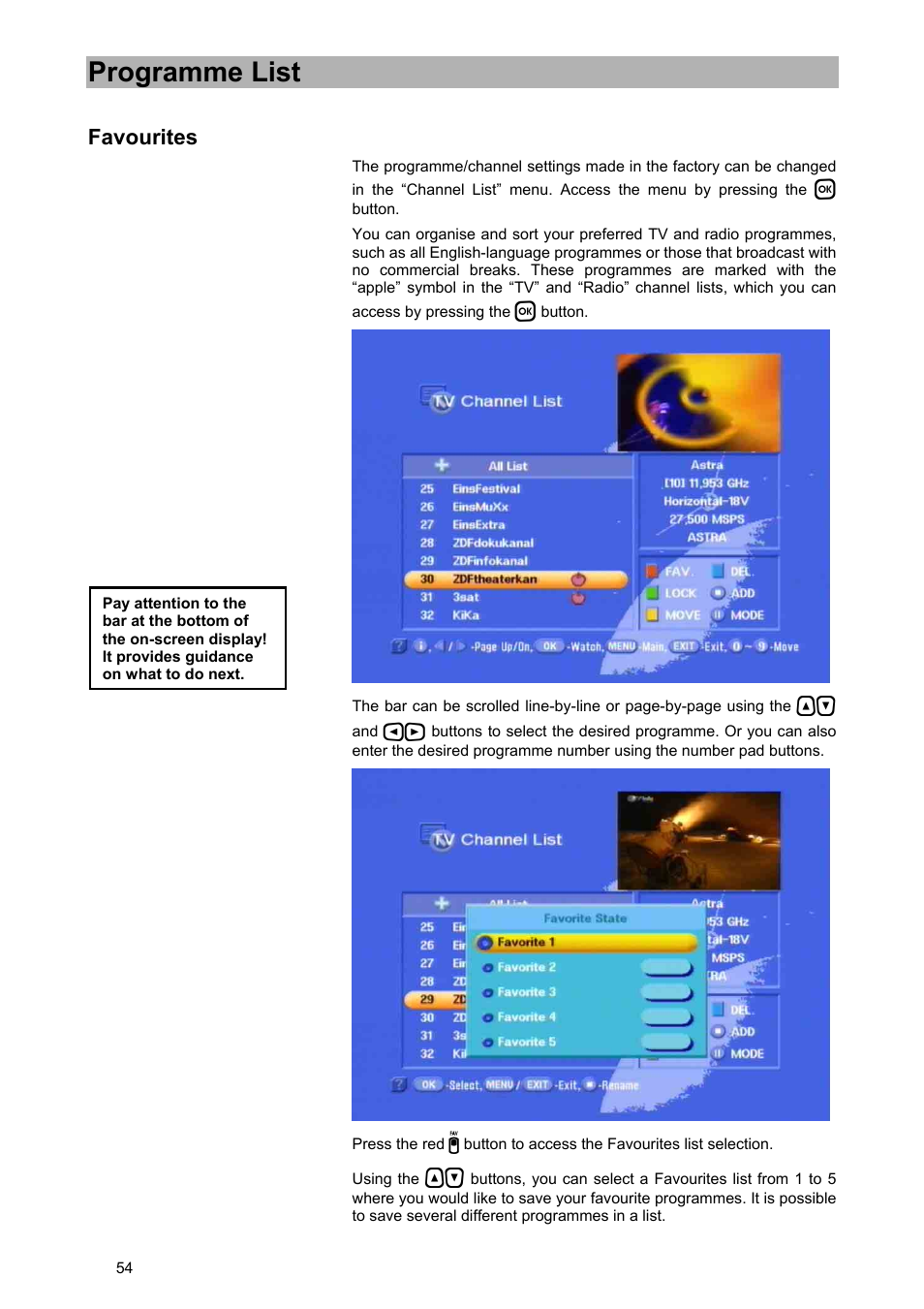 Programme list, Favourites | Kathrein UFD 580 User Manual | Page 54 / 100