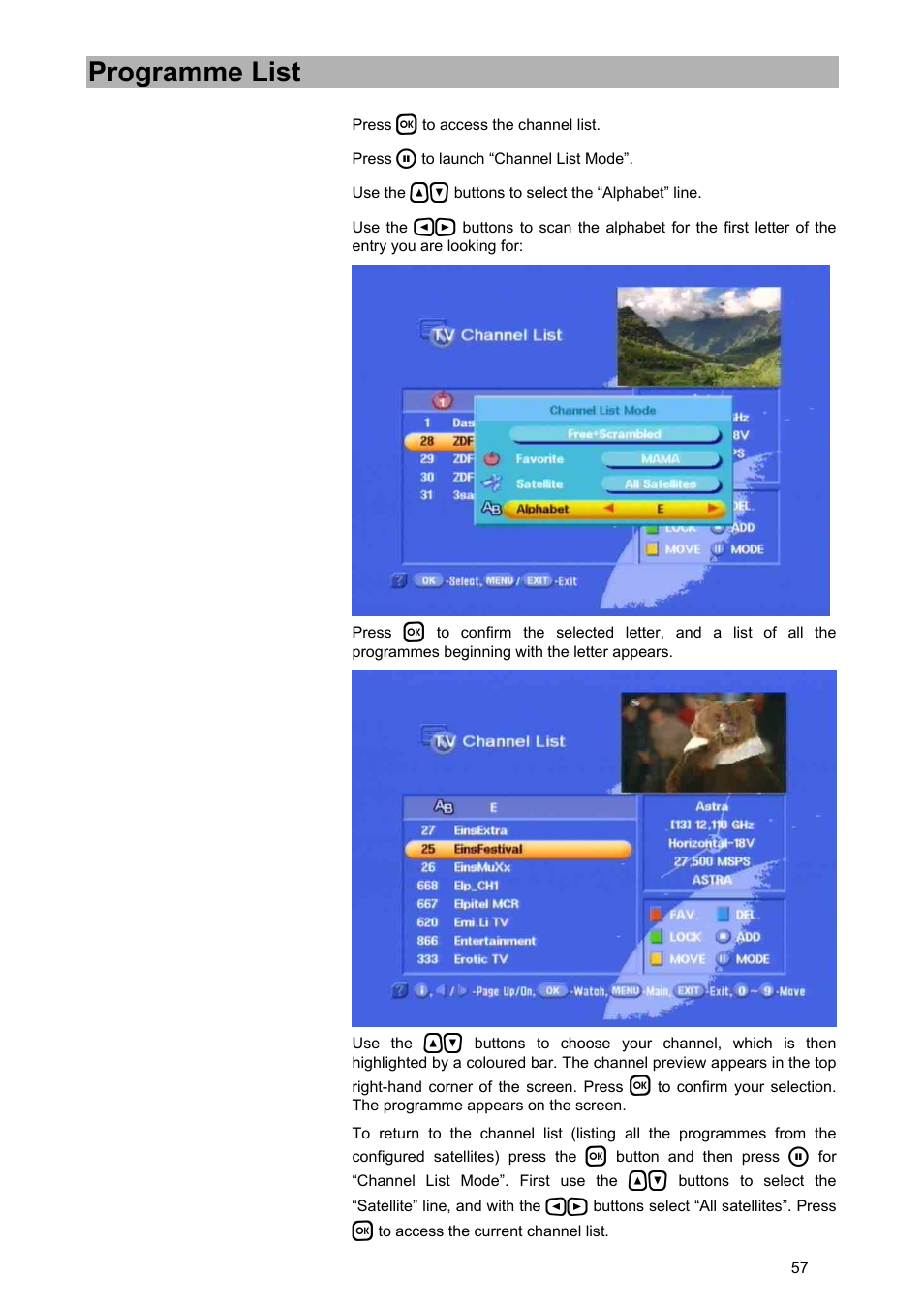 Programme list | Kathrein UFD 580 User Manual | Page 57 / 100