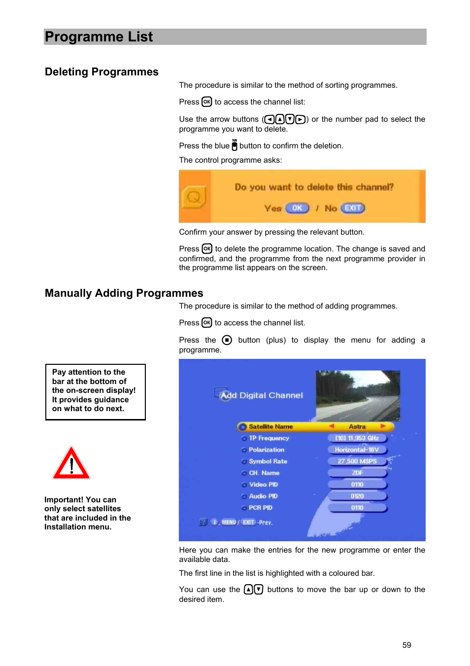 Programme list, Deleting programmes, Manually adding programmes | Kathrein UFD 580 User Manual | Page 59 / 100