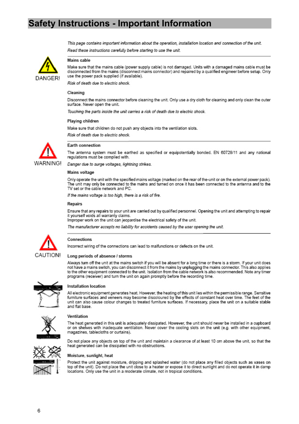 Safety instructions - important information | Kathrein UFD 580 User Manual | Page 6 / 100