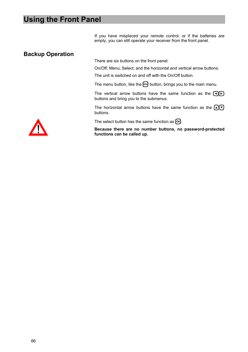 Using the front panel, Backup operation | Kathrein UFD 580 User Manual | Page 66 / 100