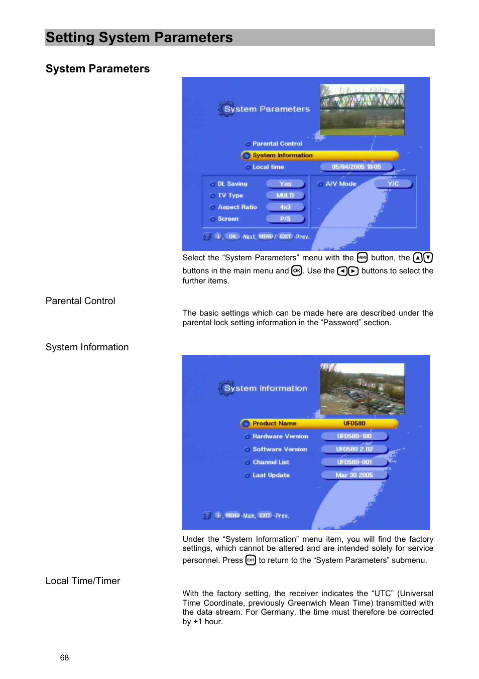 Setting system parameters | Kathrein UFD 580 User Manual | Page 68 / 100