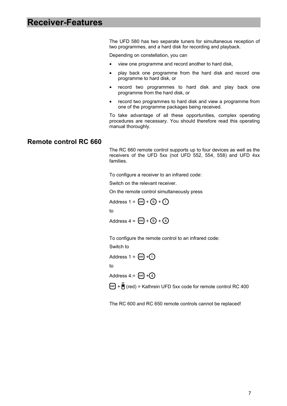 Receiver-features, Remote control rc 660 | Kathrein UFD 580 User Manual | Page 7 / 100