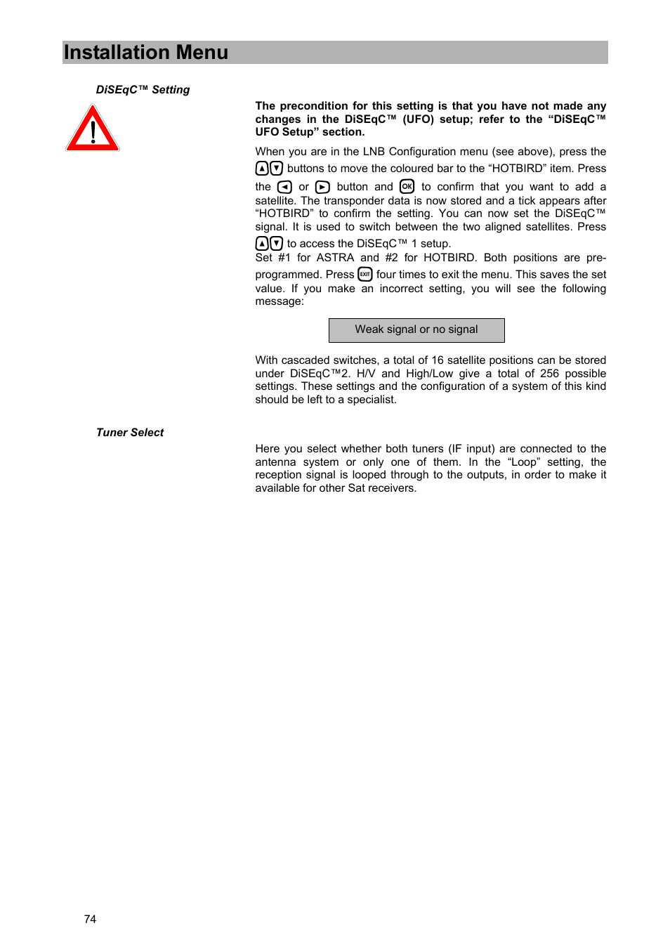 Installation menu | Kathrein UFD 580 User Manual | Page 74 / 100