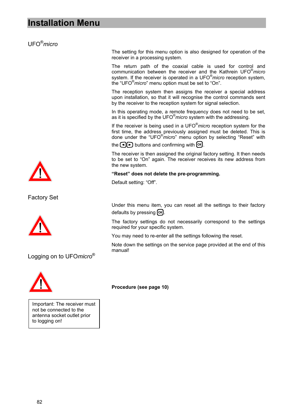 Installation menu | Kathrein UFD 580 User Manual | Page 82 / 100
