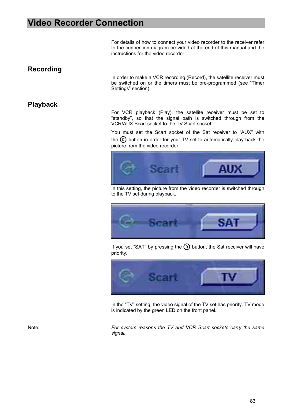 Video recorder connection, Recording, Playback | Kathrein UFD 580 User Manual | Page 83 / 100