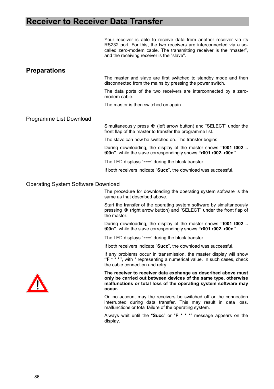 Receiver to receiver data transfer, Preparations | Kathrein UFD 580 User Manual | Page 86 / 100