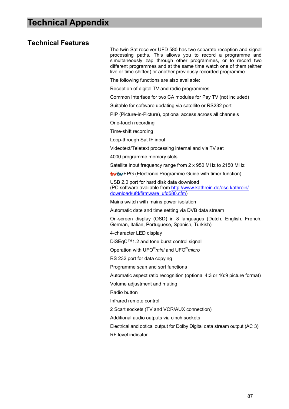 Technical appendix, Technical features | Kathrein UFD 580 User Manual | Page 87 / 100