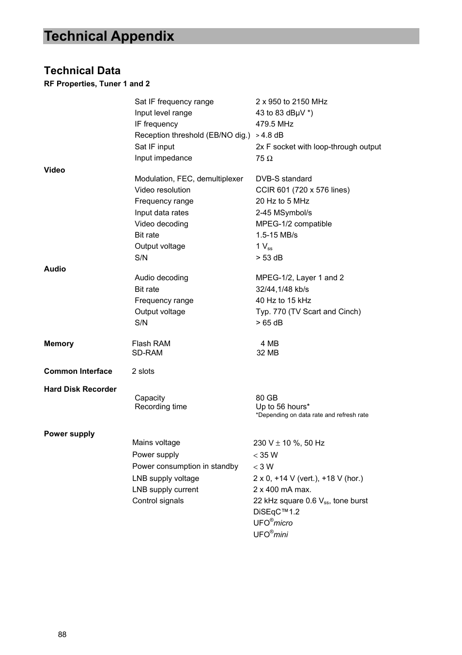 Technical appendix, Technical data | Kathrein UFD 580 User Manual | Page 88 / 100