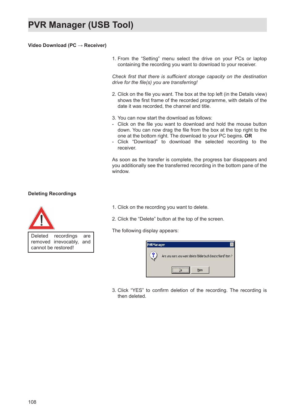 Pvr manager (usb tool) | Kathrein Twin-PVR Satellite UFS 821si User Manual | Page 108 / 128