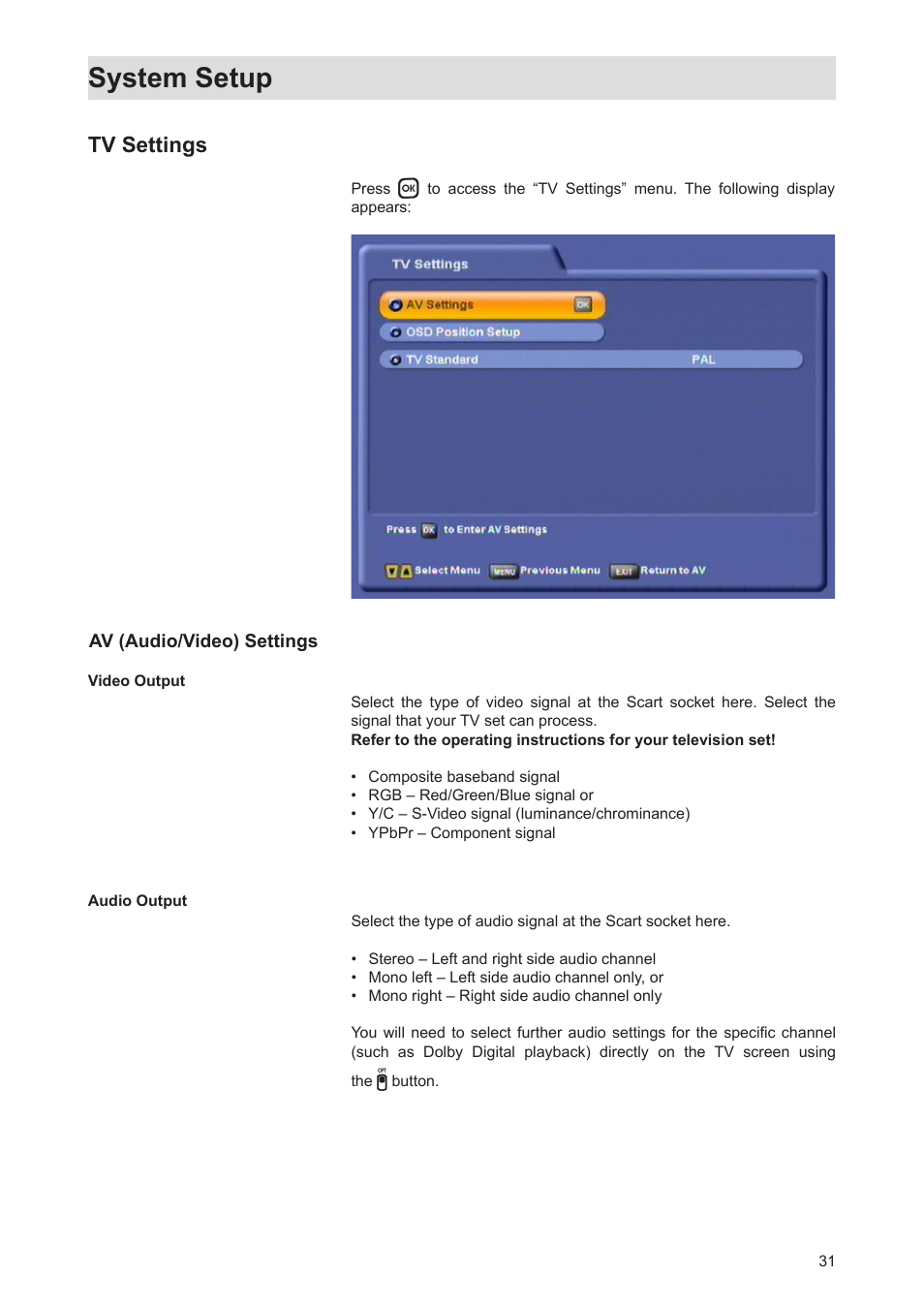 System setup, Tv settings | Kathrein Twin-PVR Satellite UFS 821si User Manual | Page 31 / 128