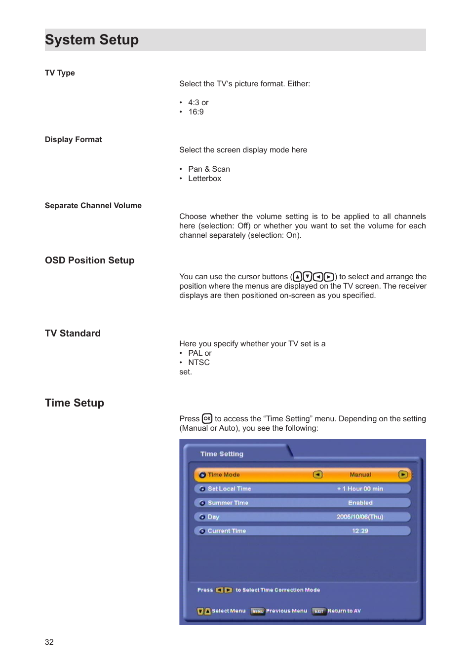 System setup, Time setup | Kathrein Twin-PVR Satellite UFS 821si User Manual | Page 32 / 128