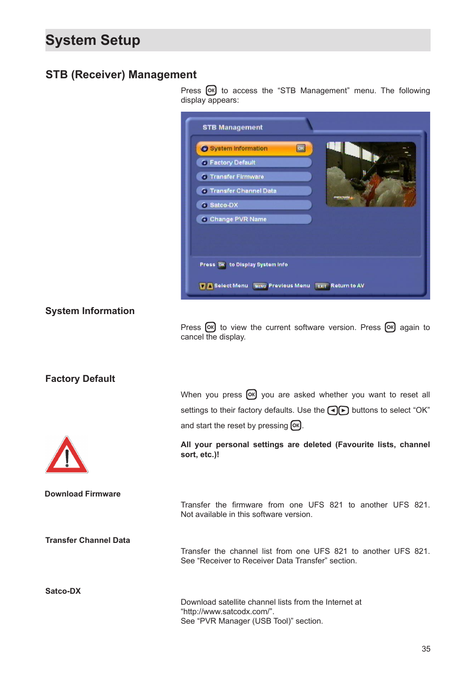 System setup, Stb (receiver) management | Kathrein Twin-PVR Satellite UFS 821si User Manual | Page 35 / 128