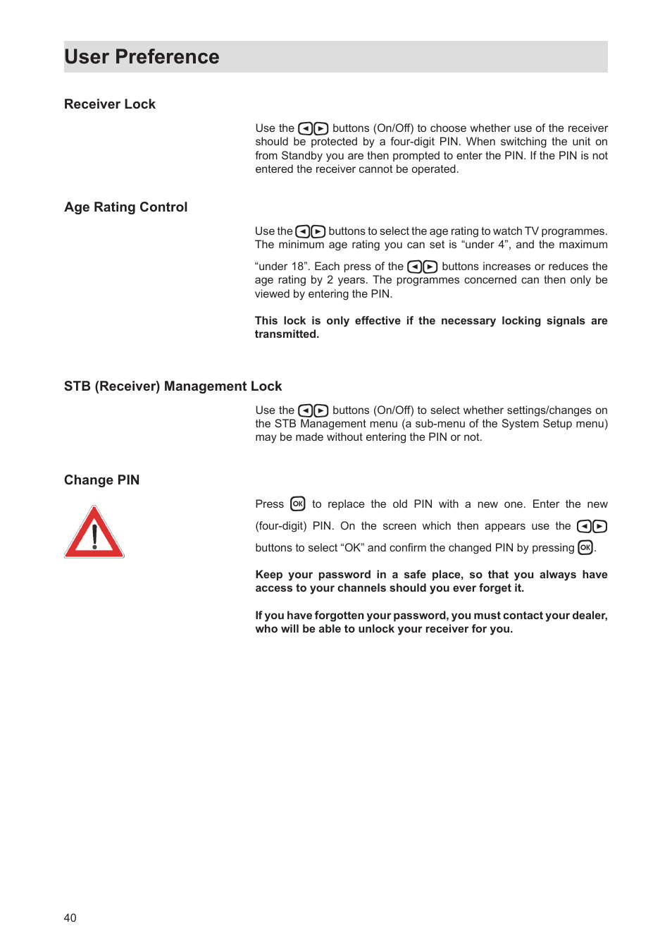 User preference | Kathrein Twin-PVR Satellite UFS 821si User Manual | Page 40 / 128