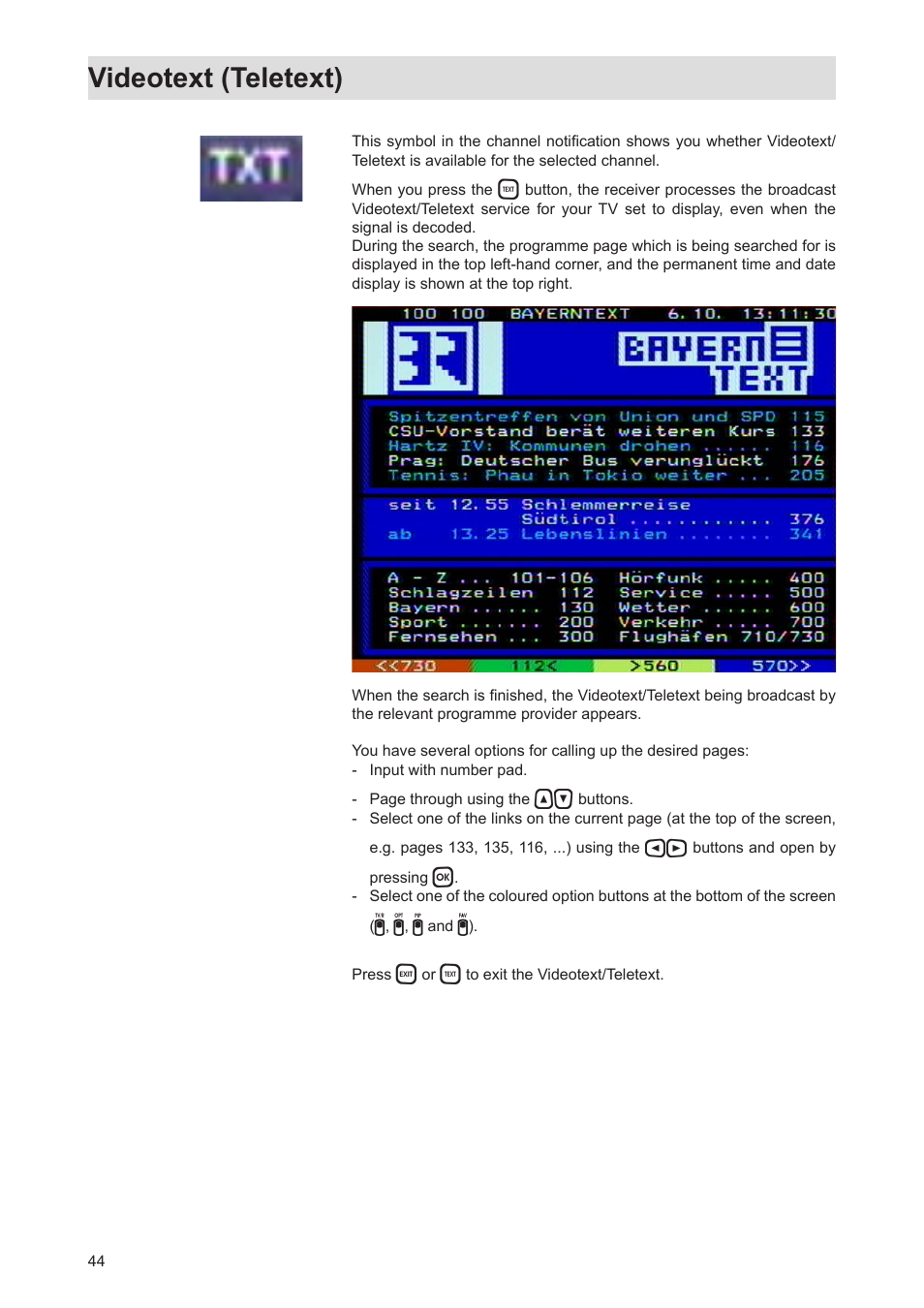 Videotext (teletext) | Kathrein Twin-PVR Satellite UFS 821si User Manual | Page 44 / 128