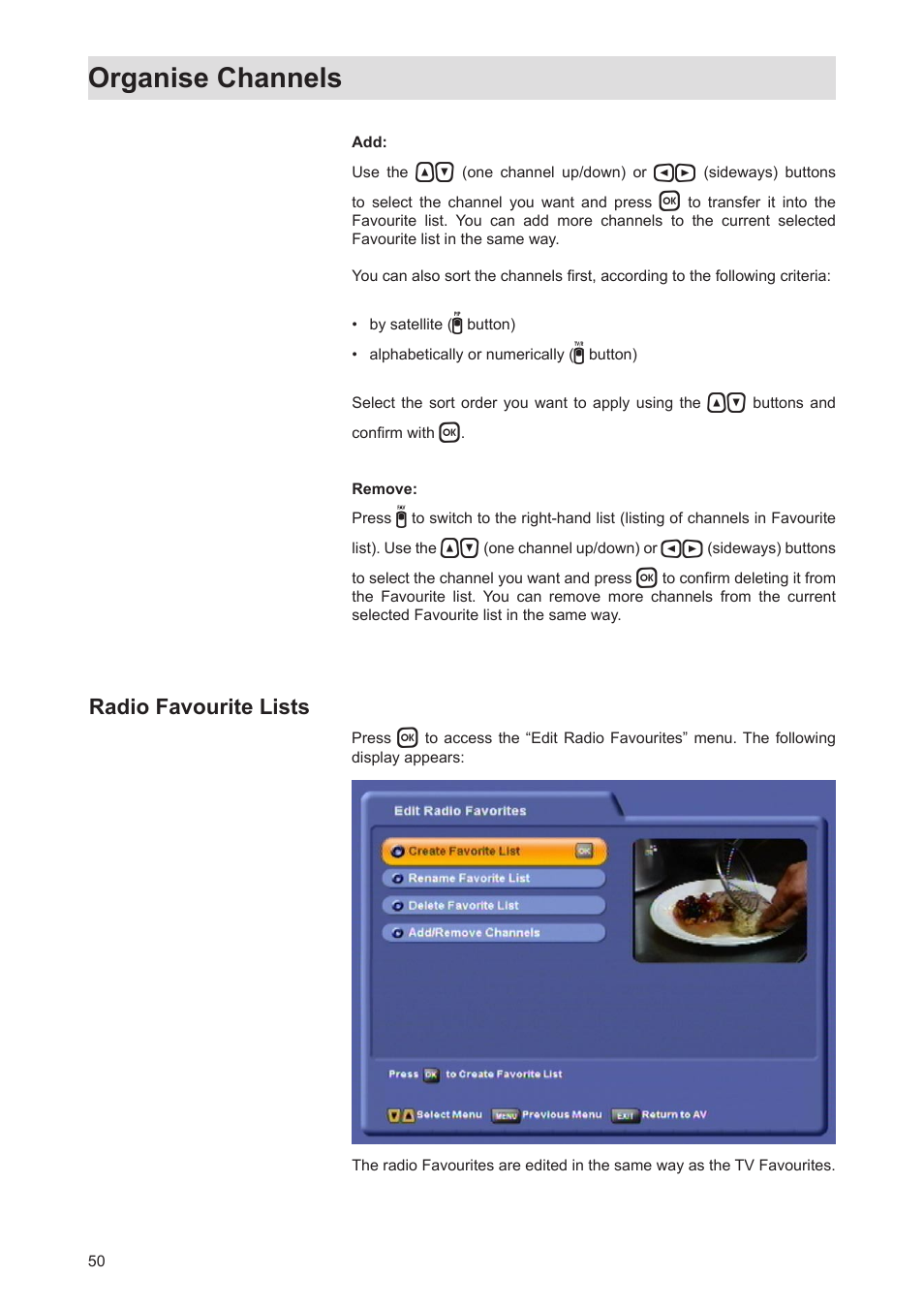 Organise channels | Kathrein Twin-PVR Satellite UFS 821si User Manual | Page 50 / 128