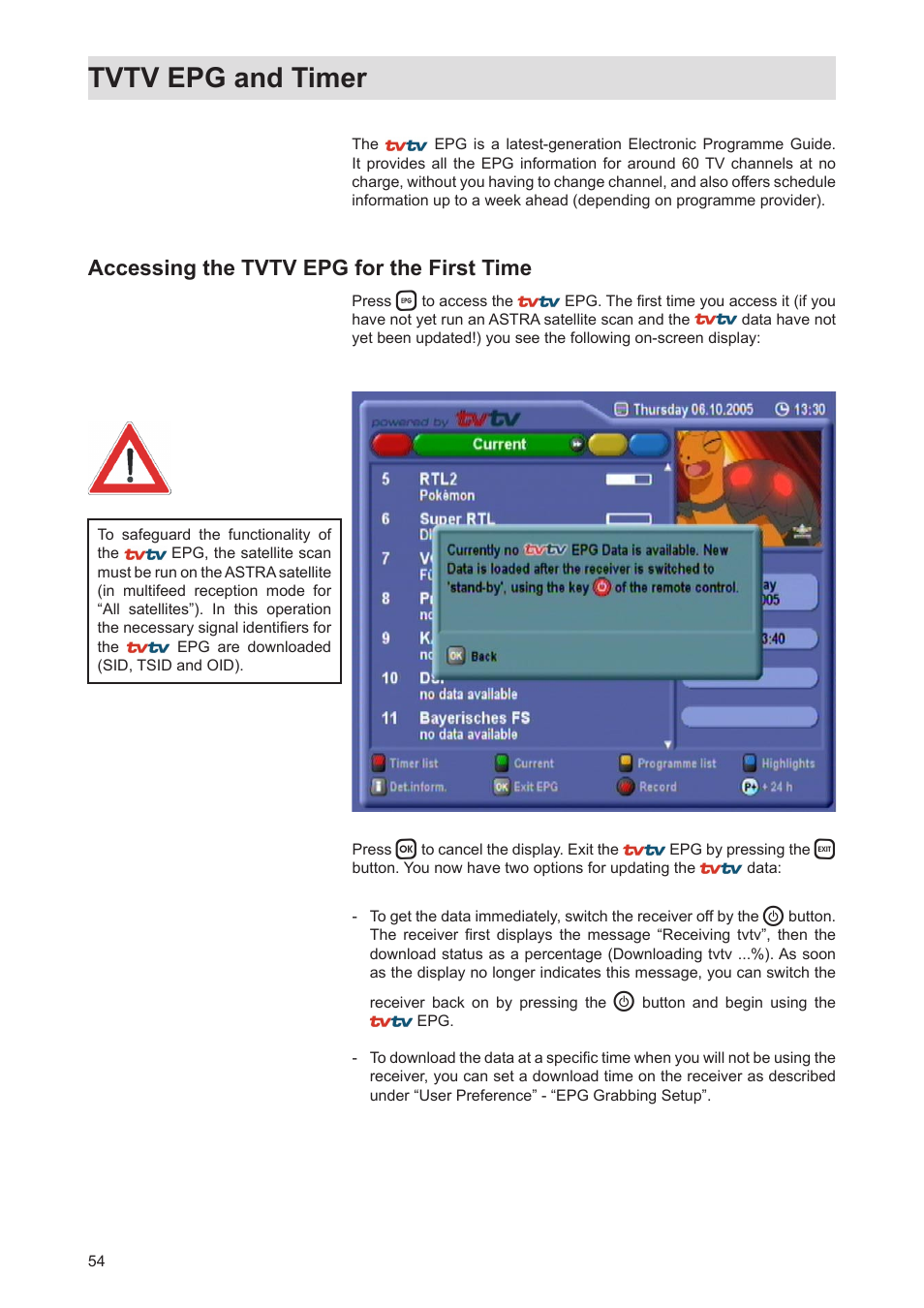 Tvtv epg and timer, Accessing the tvtv epg for the first time | Kathrein Twin-PVR Satellite UFS 821si User Manual | Page 54 / 128