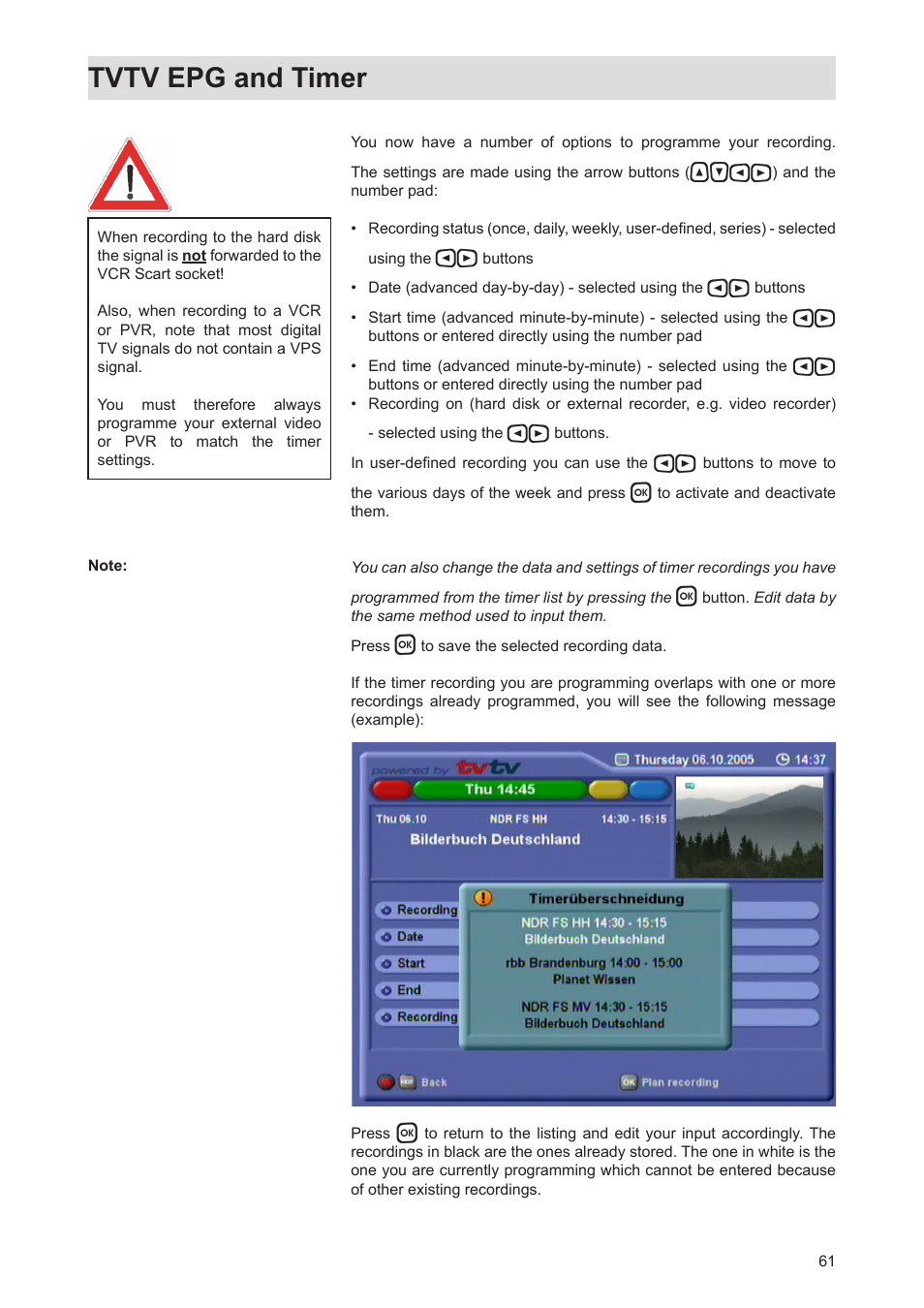 Tvtv epg and timer | Kathrein Twin-PVR Satellite UFS 821si User Manual | Page 61 / 128