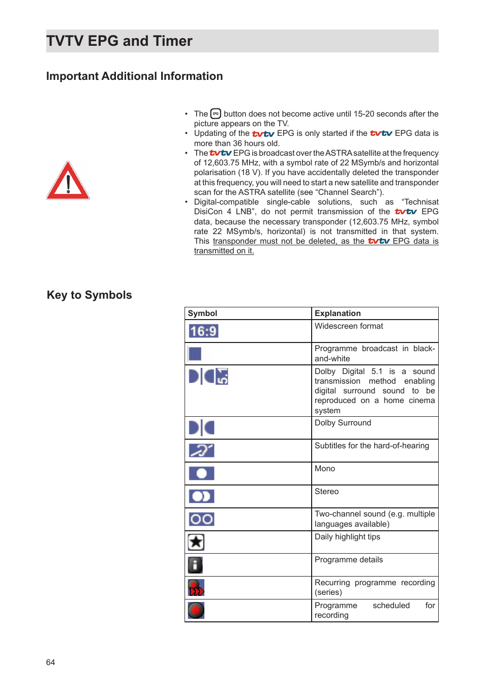 Tvtv epg and timer, Important additional information, Key to symbols | Kathrein Twin-PVR Satellite UFS 821si User Manual | Page 64 / 128