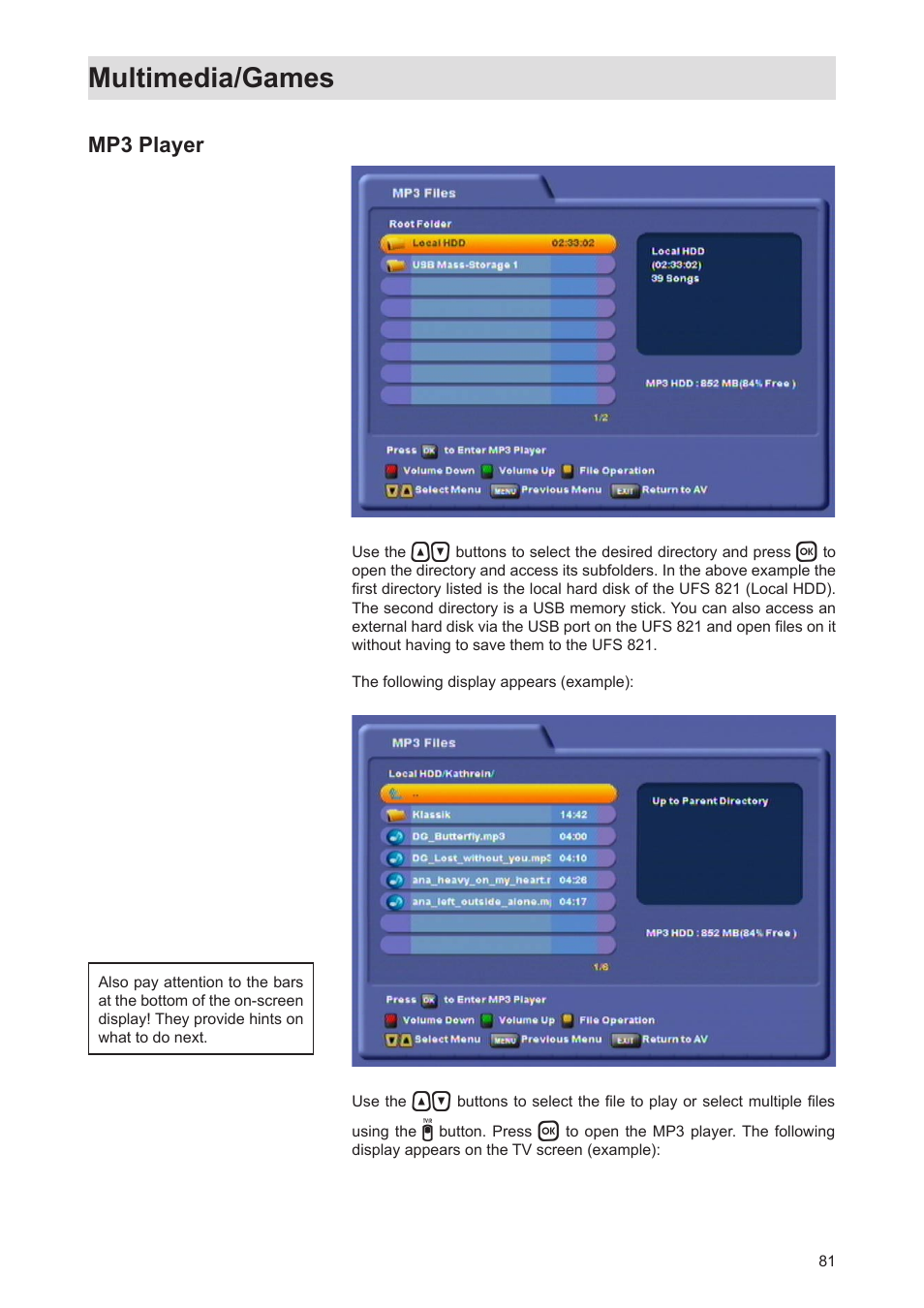 Multimedia/games, Mp3 player | Kathrein Twin-PVR Satellite UFS 821si User Manual | Page 81 / 128