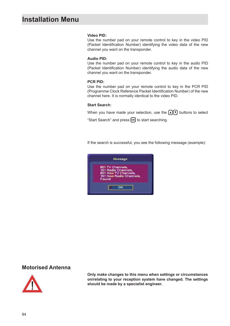 Installation menu, Motorised antenna | Kathrein Twin-PVR Satellite UFS 821si User Manual | Page 94 / 128