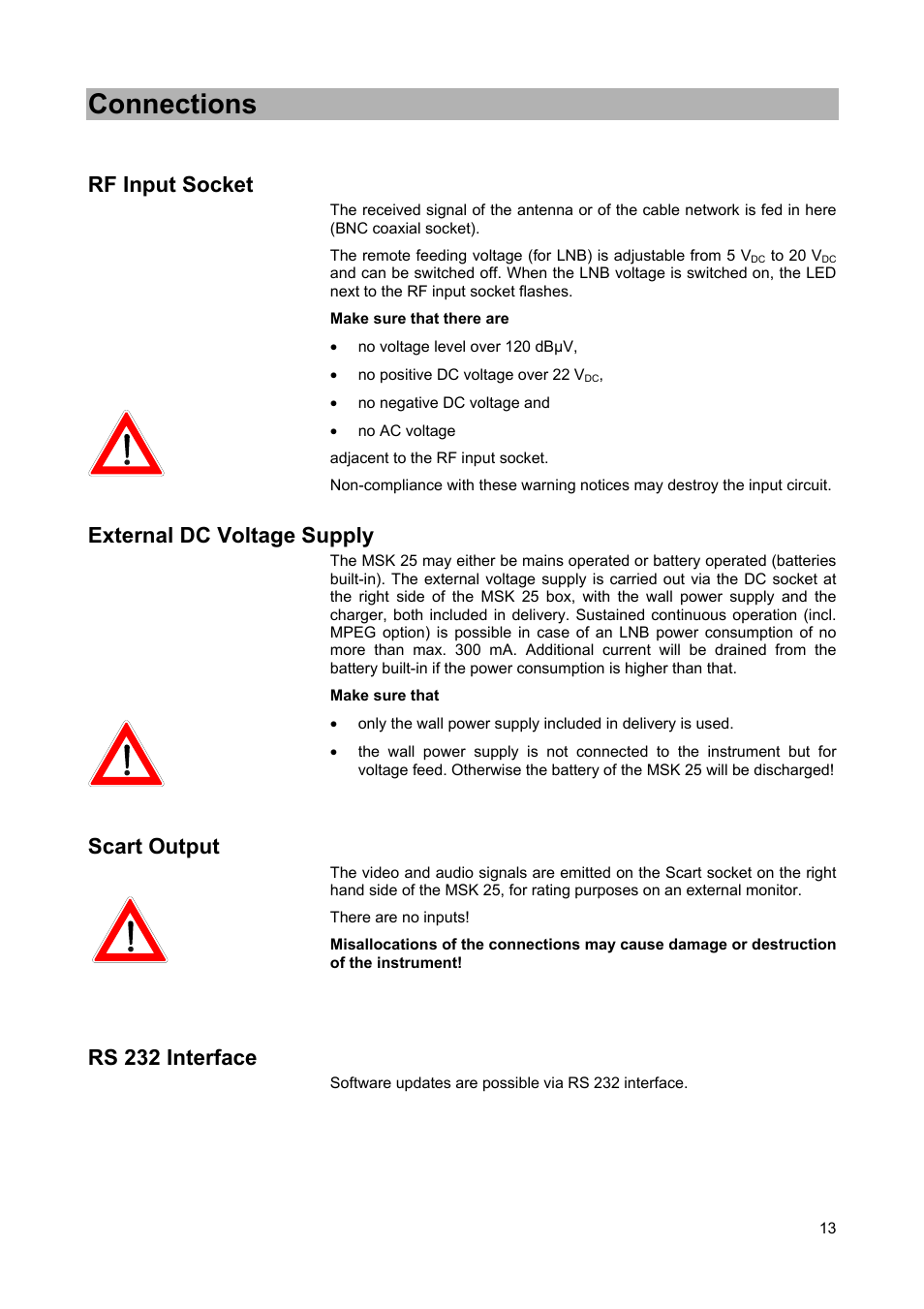 Connections, Rf input socket, External dc voltage supply | Scart output, Rs 232 interface | Kathrein MSK 25 User Manual | Page 13 / 56